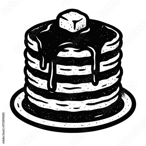 Classic black and white illustration: A tall stack of fluffy breakfast pancakes, generously drenched in rich, sweet syrup dripping down, topped with a melting pat of creamy butter, perfect for a comfo
