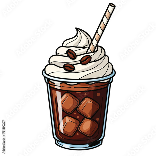 Doodle Style Refreshing Iced Coffee with Cream Drink Illustration