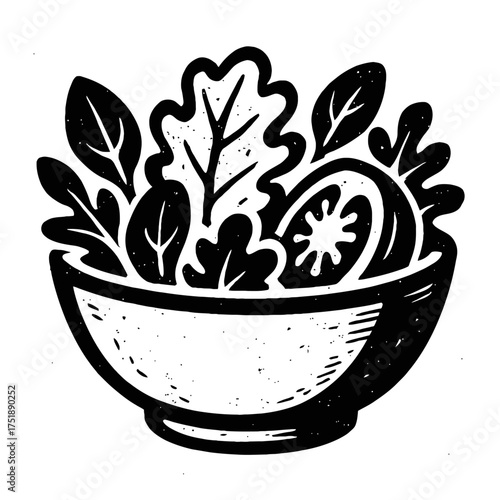 Black and white woodcut illustration of a healthy salad bowl with crisp greens and tomato. Hand-drawn vintage graphic conveying organic, plant-based nutrition, wellness, balanced diet, farm-to-table v