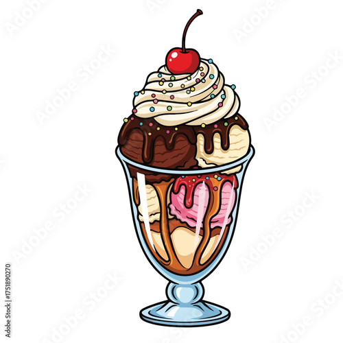 Colorful Handdrawn Detailed Ice Cream Sundae Dessert with Cherry Illustration