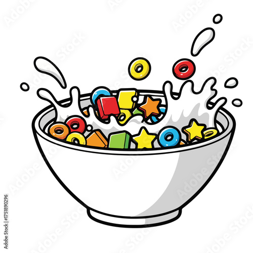 Handdrawn Colorful Cereal and Milk Splash in Bowl Breakfast Food