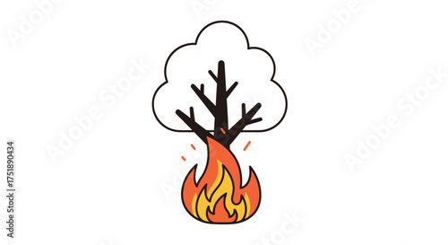 Stylized Tree Engulfed in Flames Illustrating Forest Fire Danger.