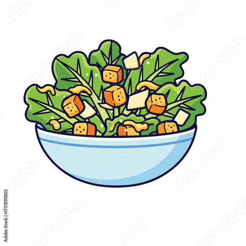 Cartoon Style Delicious Caesar Salad with Croutons in a Bowl Illustration