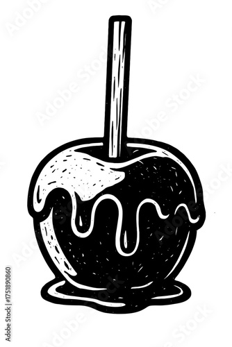 Vintage Hand-Drawn Black and White Candy Apple Illustration: Classic Caramel Apple Sweet Treat on a Stick for Fall, Halloween, Fair, and Autumn Festivals – A Retro Confectionery Delight Graphic Design