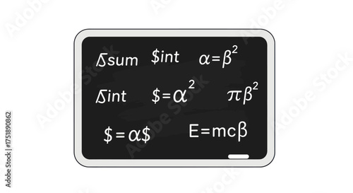Chalkboard with Mathematical Equations and Symbols in White Chalk.