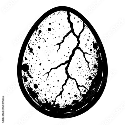 Striking black and white grunge vector illustration of a cracked egg, displaying intricate fracture lines and a unique speckled, distressed texture. Ideal for themes of rebirth, fragility, destruction