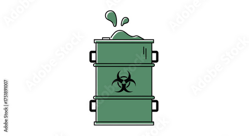 Green Biohazard Waste Barrel with Spilling Toxic Liquid.