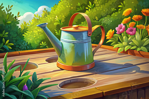 Watering can on grass near flower bed classic gardening accessory for watering plants, flowers, and small vegetable gardens.