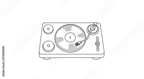 Detailed line art drawing of a vintage turntable playing a vinyl record retro music player.