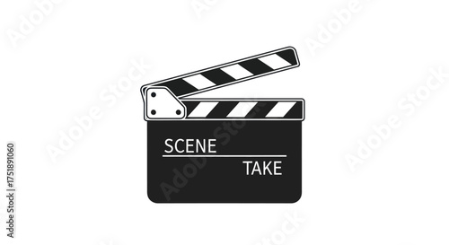 Classic Black Movie Clapperboard with White Stripes Open for Action.