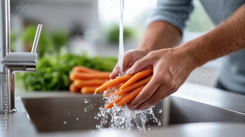 Person washing fresh carrots in a modern kitchen sink