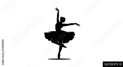Black Silhouette of Ballerina Dancing in Elegant Classical Ballet Pose.