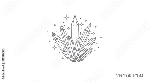 Detailed Black and White Crystal Cluster Illustration with Sparkles.