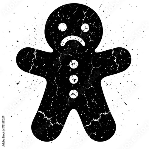 Distressed Black Gingerbread Man with Sad Frown and Cracked Texture, Grunge Splatter Background, Unhappy Holiday Cookie Character, Vintage Festive Design, Melancholy Christmas Icon, Spooky Winter Trea