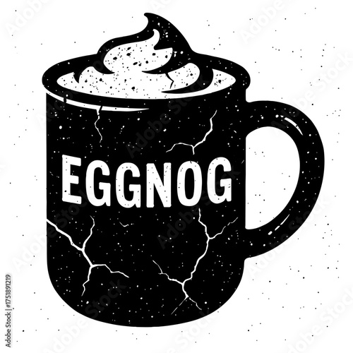 Black and white vintage distressed eggnog mug with whipped cream and spices, featuring text 'EGGNOG', perfect for holiday designs, Christmas apparel, seasonal greeting cards, and cozy winter decoratio