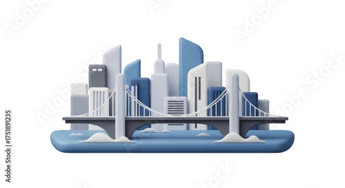 Stylized 3D Render of a Modern Cityscape with Bridge.
