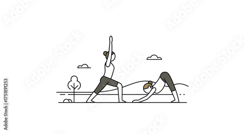Two Women Practicing Yoga Poses Outdoors in Minimalist Style.