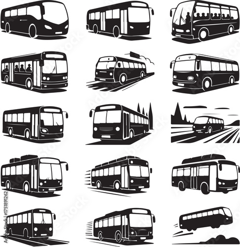 Collection of Black and White Bus Icons in Various Styles and Poses