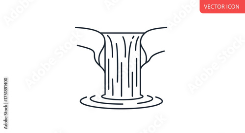 Simple Line Art Waterfall Icon with Flowing Water.