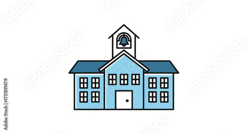 Cartoon Illustration of a Blue School Building with Bell Tower.