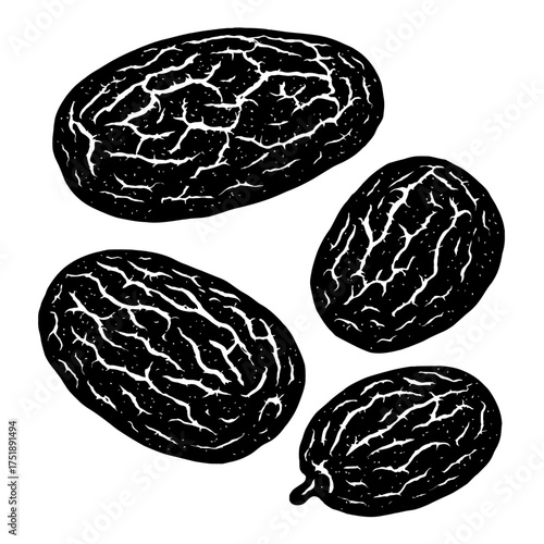 Black and white linocut illustration of textured dried raisins, perfect for organic food packaging, healthy snack branding, rustic farm-to-table designs, baking ingredients, and vintage recipe visuals
