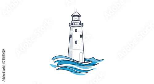 Illustrated Lighthouse with Waves Guiding Ships Safely.