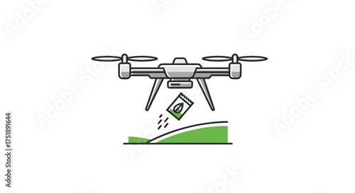 Agricultural drone spraying seeds over a green field.