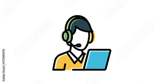 Icon of a customer service representative with headset and laptop.