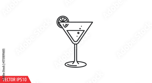 Martini Glass with Lemon Slice Line Art Style Cocktail Illustration.