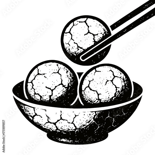Captivating black and white vector illustration of delectable, textured round Japanese street food, possibly Takoyaki or Dango, served in a classic Asian ceramic bowl. Elegant chopsticks delicately li