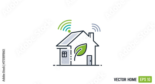 Smart Eco-Friendly House Line Art Icon with Wireless Signals.