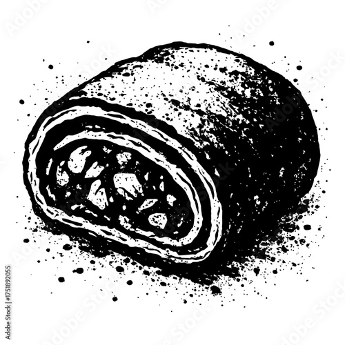 Monochrome Grunge Ink Sketch of a European-Style Rolled Pastry, Like a Classic Strudel or Savory Roulade, Showcasing Textured Layers and Filling with Artistic Splatters, Perfect for Rustic Food Art &