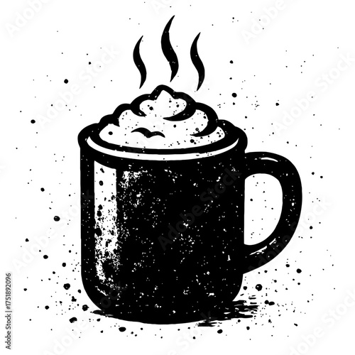 Cozy Steaming Mug with Rich Whipped Cream Topping Grunge Vector Art. Perfect for Coffee Lovers, Hot Chocolate Enthusiasts, and Tea Drinkers. A Warm, Inviting Beverage Illustration for Your Designs. Mo