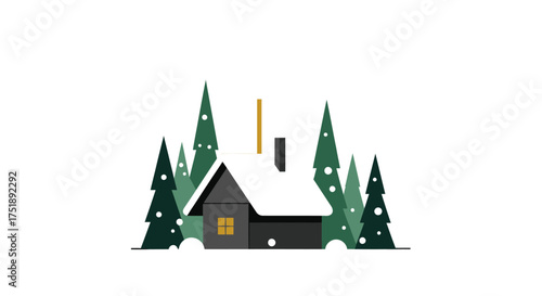 Vector Illustration of a Cozy Snow-Covered Cabin Surrounded by Trees.