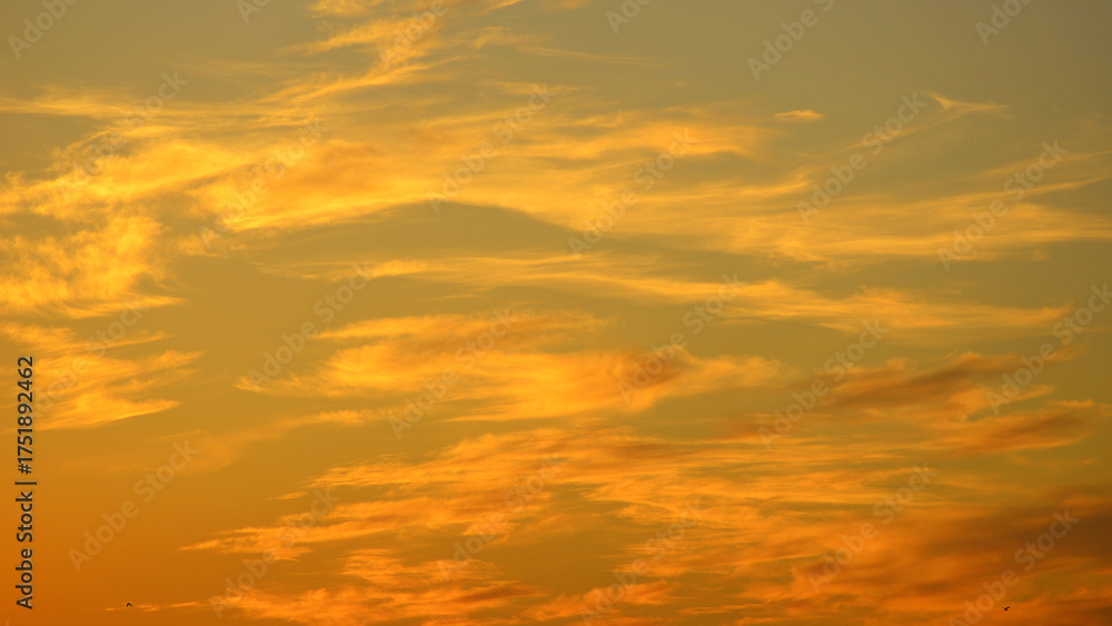 Obraz premium Golden sunset due to the sunlight reflecting off the middle and high clouds.