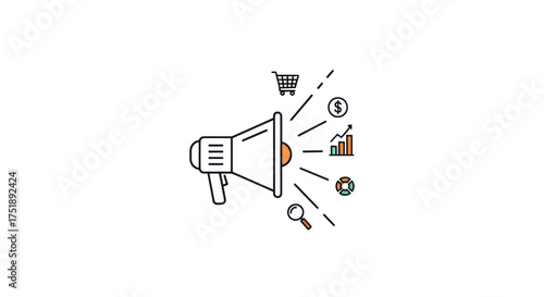 Megaphone with Marketing Icons: Promotion Sales and Business Growth.