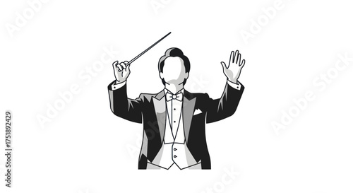 Conductor in Formal Attire Directing an Orchestra with Baton Raised.