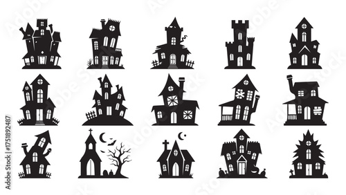 Halloween Haunted House Silhouette Icons Set
