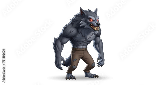 Cartoon Werewolf Character with Grey Fur and Brown Pants.