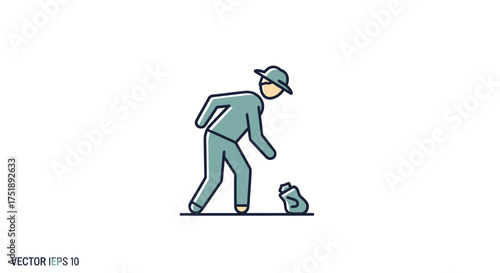 Person in a hat and mask collecting trash with a bag.