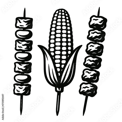 Delicious Grilled Corn on the Cob with Flavorful Meat and Vegetable Skewers, Ideal for Summer Barbecues and Outdoor Cookouts, A Classic BBQ Food Illustration for Culinary Websites, Recipe Blogs, and F