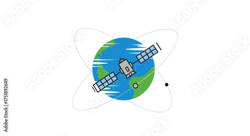 Cartoon Satellite Orbiting Earth with Solar Panels.