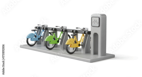 Colorful bicycles docked at a modern charging station.