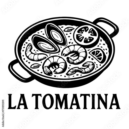 La Tomatina Brand: Exquisite Seafood Paella – Striking Black & White Art Illustrating Classic Spanish Cuisine. Features succulent shrimp, fresh mussels, aromatic rice, zesty lemon, embodying authentic