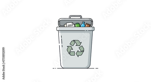 Illustrated Recycling Bin with Open Lid and Waste Inside.