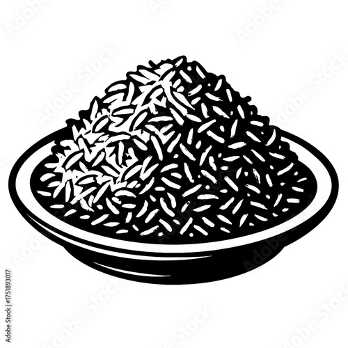Classic B&W vector of full bowl staple rice. Perfect for food blogs, menus, recipes, healthy eating, culinary designs. Represents wholesome grains, traditional meals, vegan diets, essential nutrition.