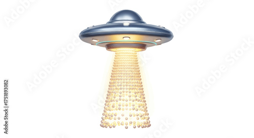 Silver UFO flying saucer with bright yellow abduction beam.