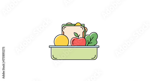 Lunchbox with Sandwich Apple Orange and Greens - Healthy Meal Illustration.