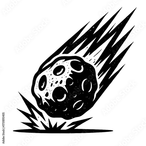 Dynamic black and white woodcut illustration of a massive meteorite or asteroid violently crashing into a planetary surface with explosive force and fiery streaks, depicting a powerful cosmic event.