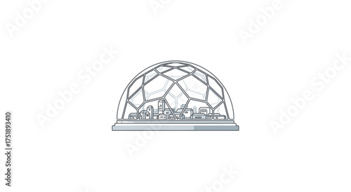 Futuristic geodesic dome structure enclosing a miniature city skyline.
